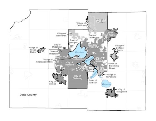 A map of Dane County with the borders outlined of 21 partner municipalities that are involved in the Joint Storm Water Permit Group.