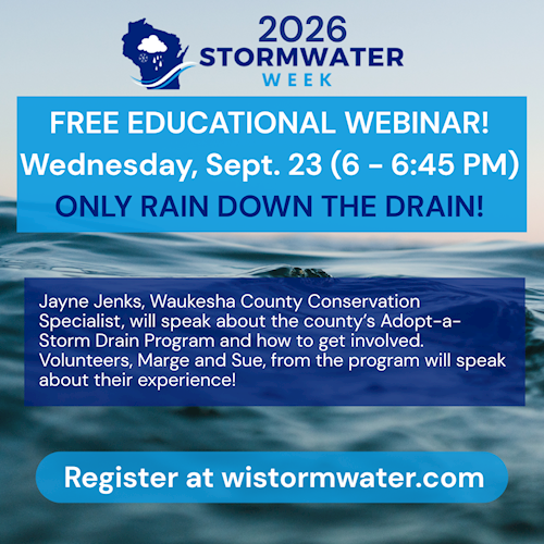 WI Stormwater Week webinar graphic detailing event on Sept. 23 about Adopt a Storm Drain program and how to get involved.